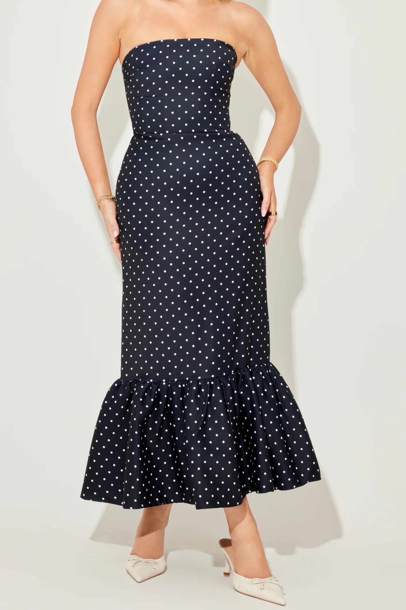 The July Muse Strapless Peplum Hem Midi Dress