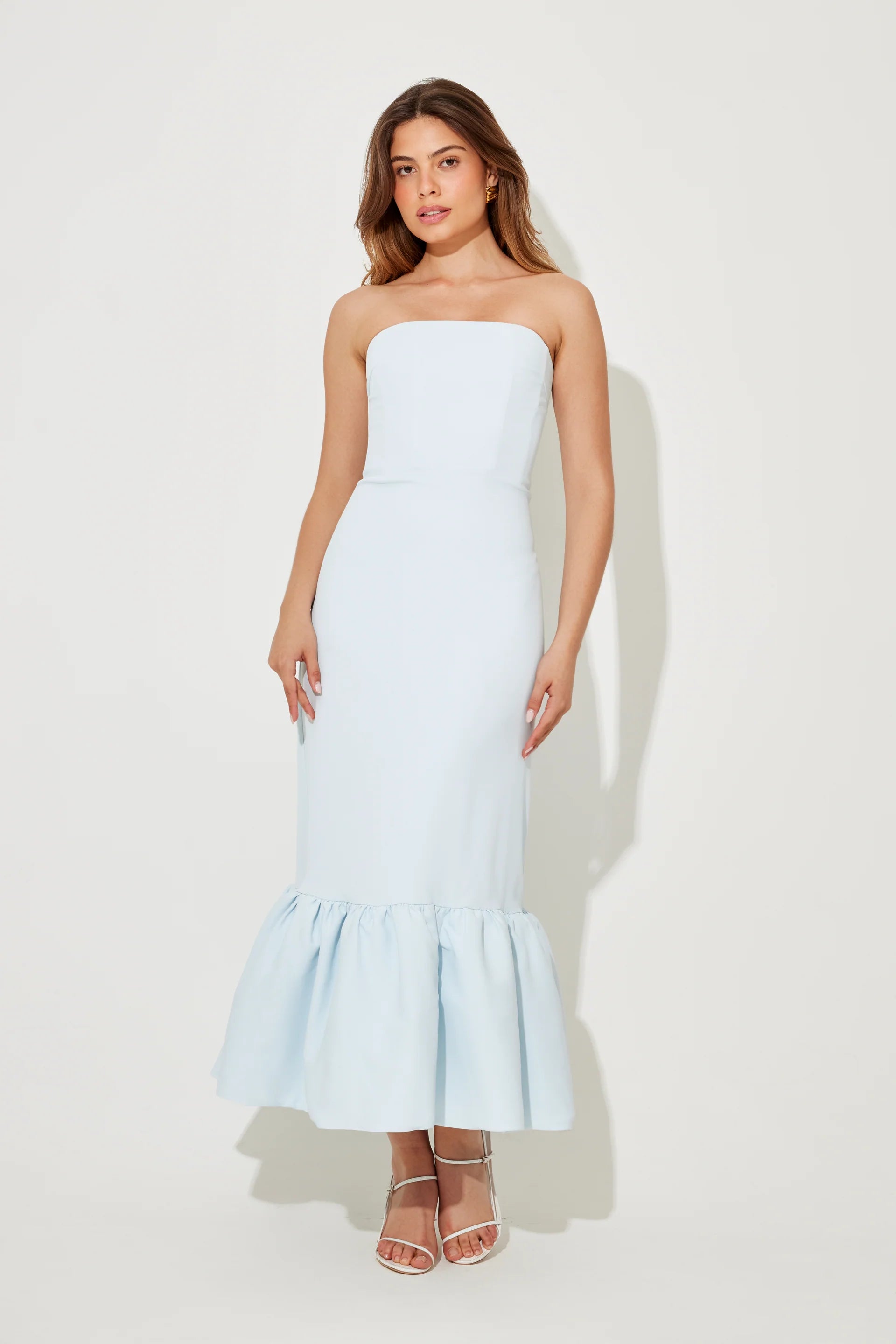 The July Muse Strapless Peplum Hem Midi Dress