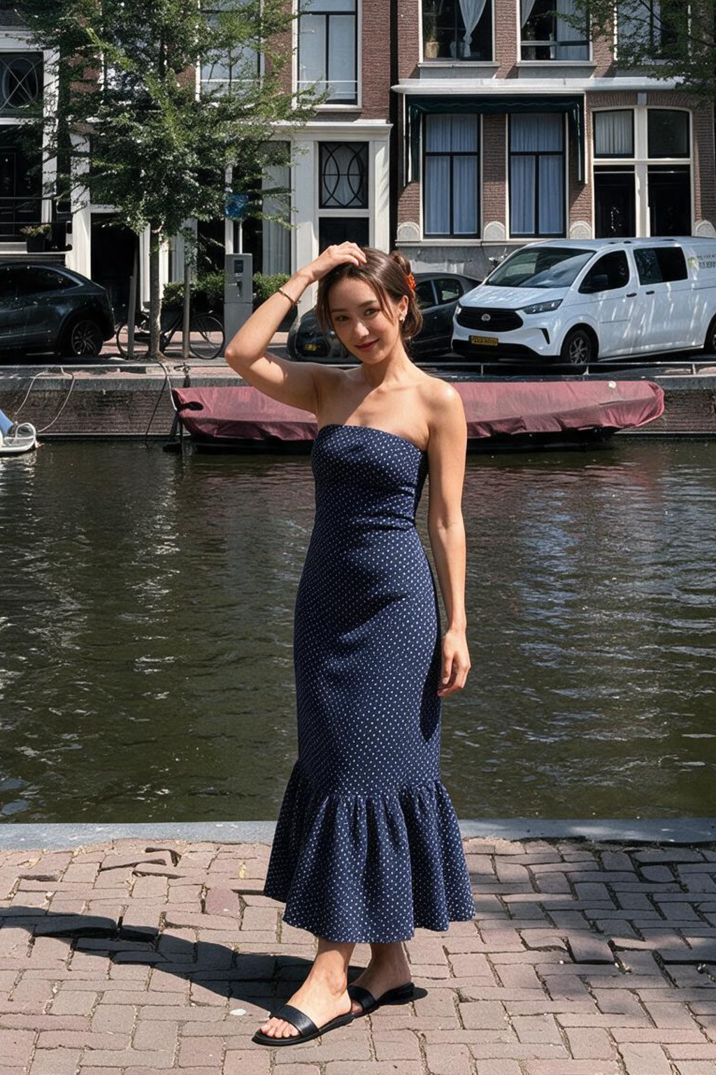 Bianca Strapless Dress | Navy Polka Dot