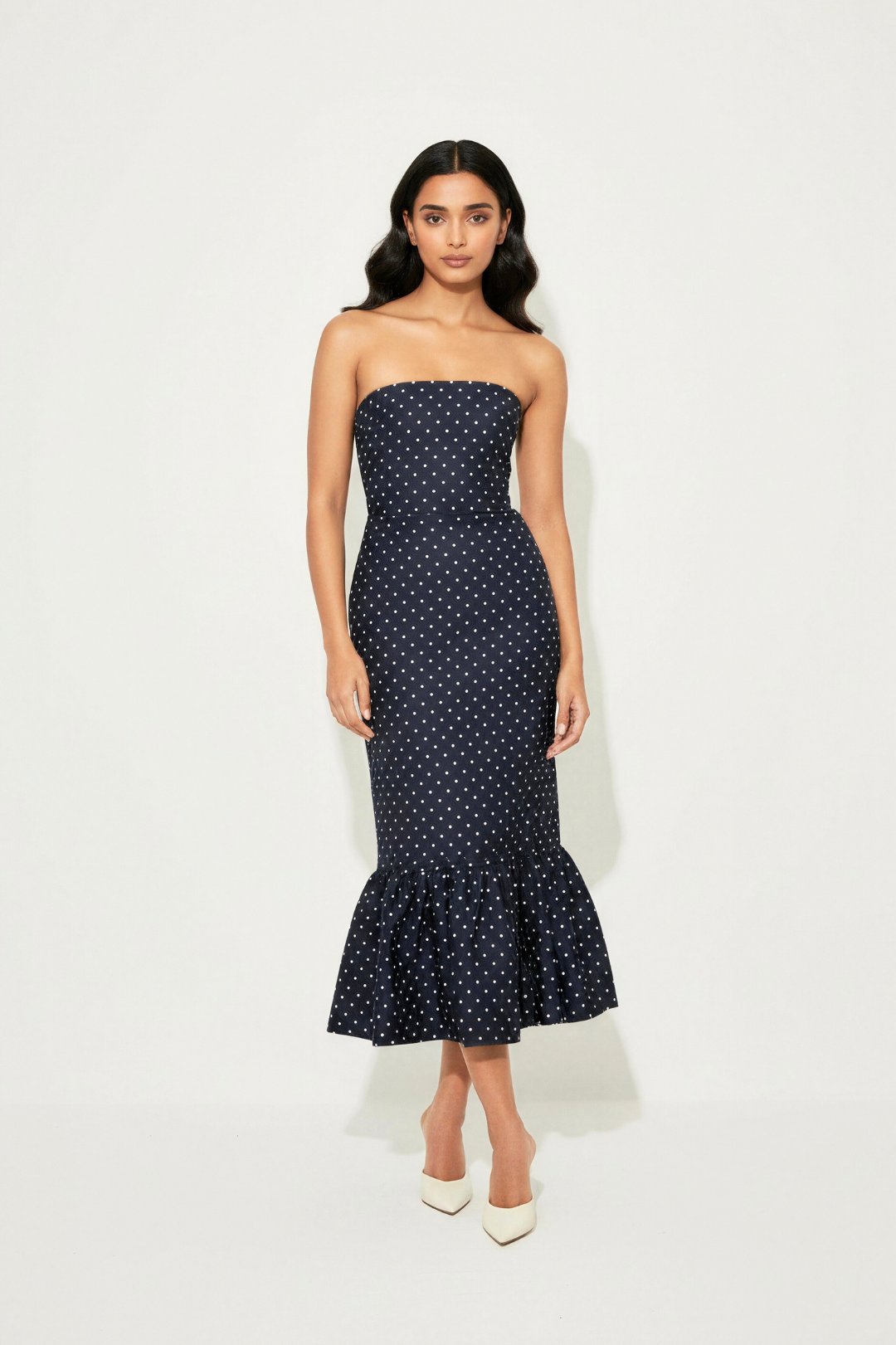 strapless navy blue polka dot dress Strapless Polka Dot Dress, Navy Medium