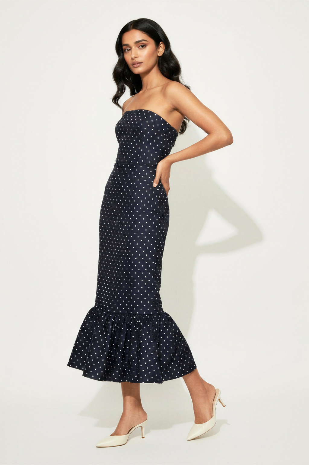 Bianca Strapless Dress | Navy Polka Dot