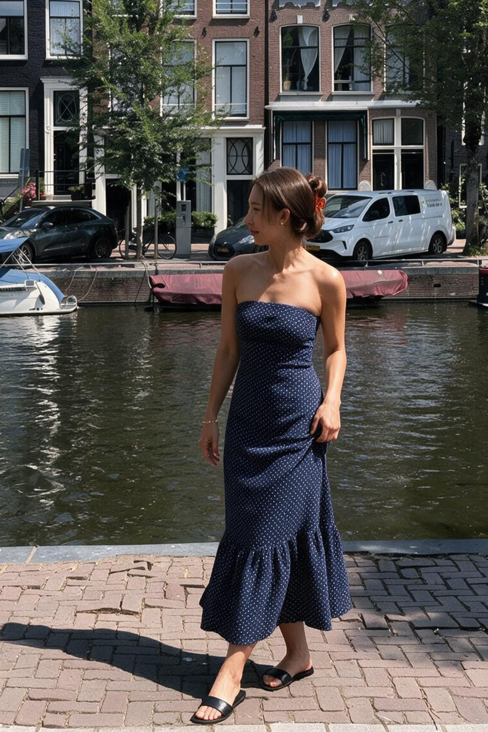 Bianca Strapless Dress | Navy Polka Dot