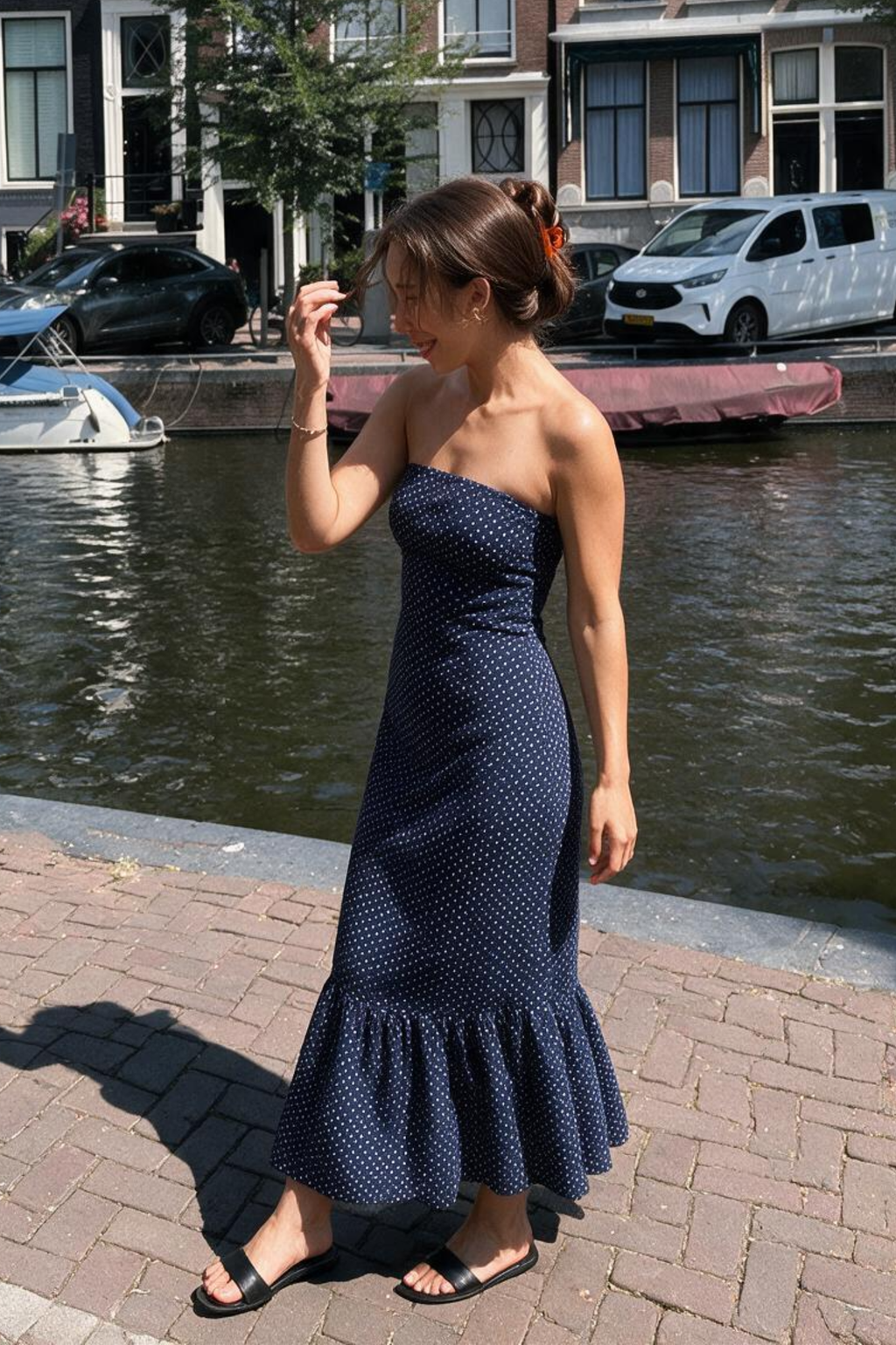 Bianca Strapless Dress | Navy Polka Dot