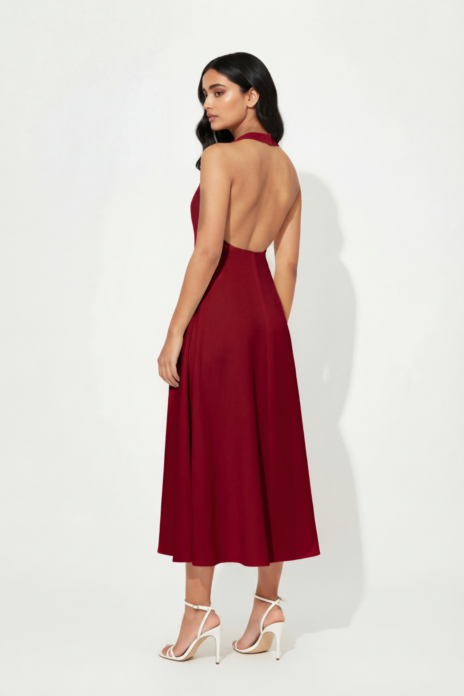 midi cherry red dress Cherry Red Cotton Halter-Neck Sleeveless Midi Tier Dress 44" / Tall (5'7" and above)