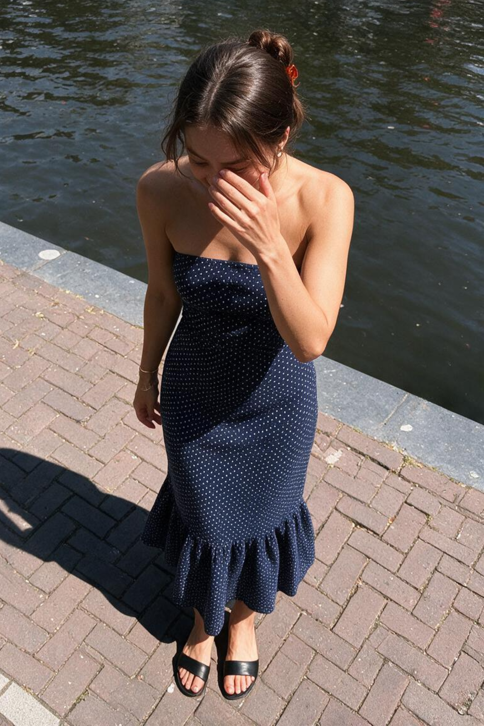 Bianca Strapless Dress | Navy Polka Dot