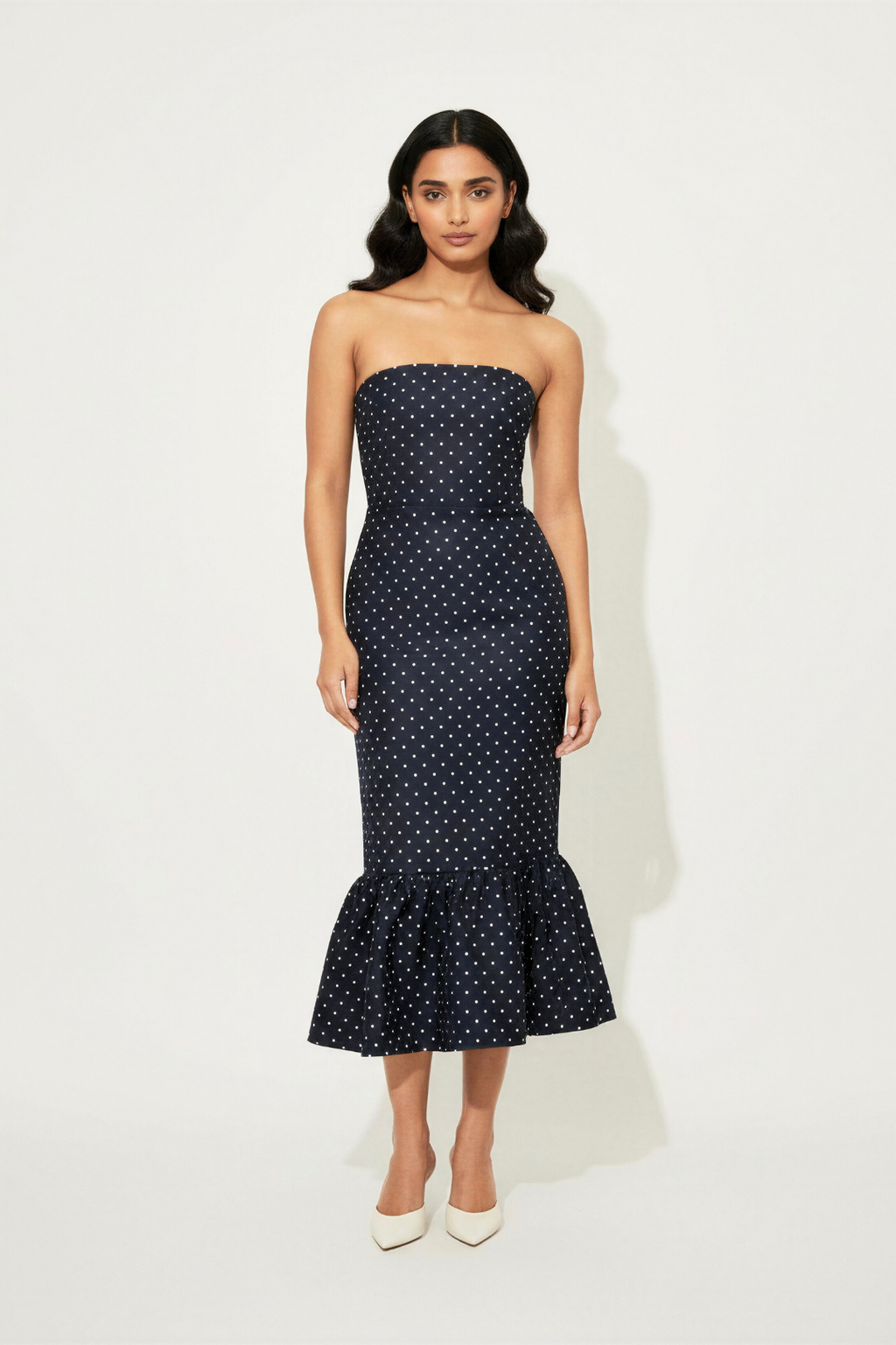 Bianca Strapless Dress | Navy Polka Dot