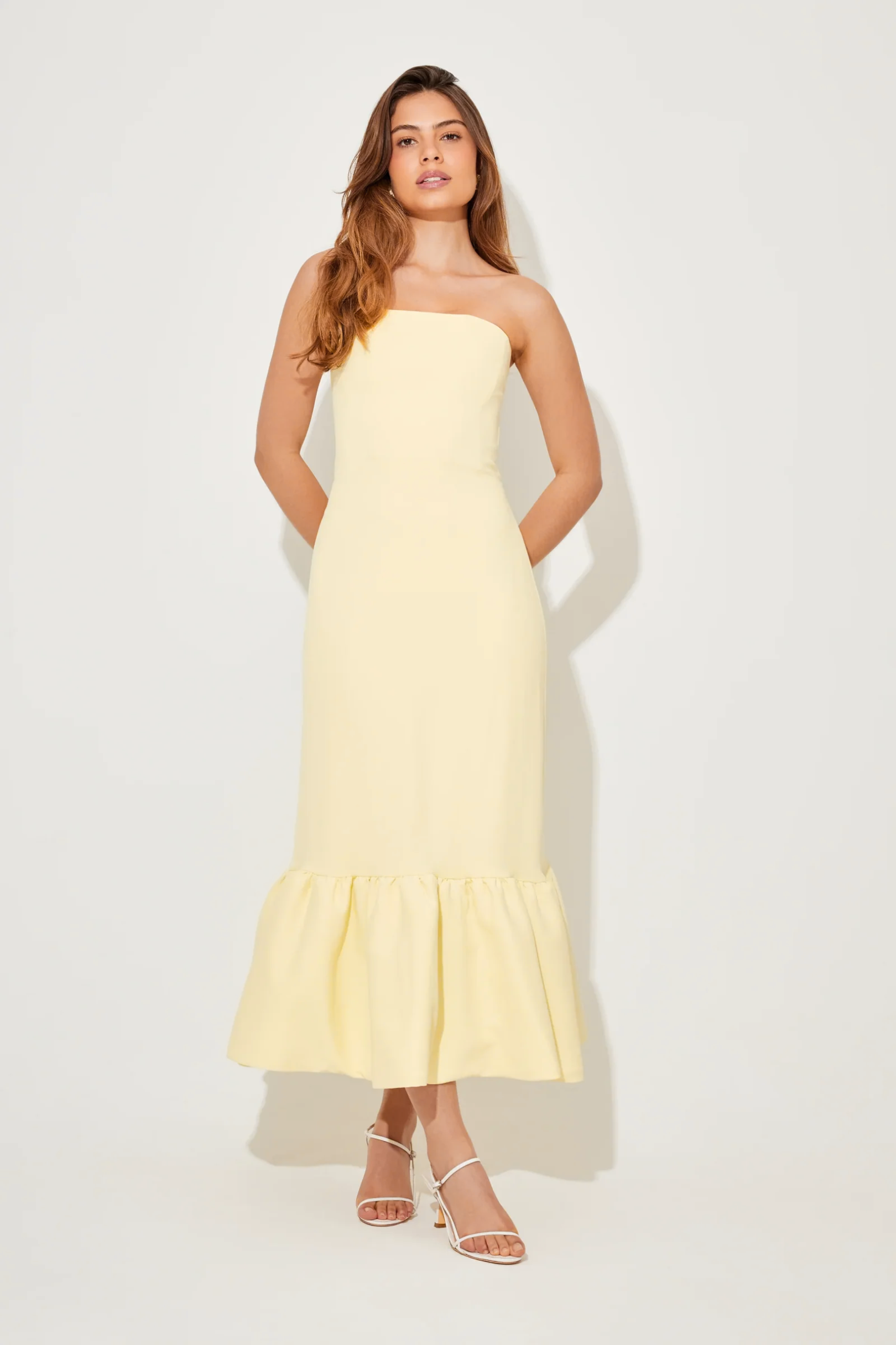 The July Muse Strapless Peplum Hem Midi Dress