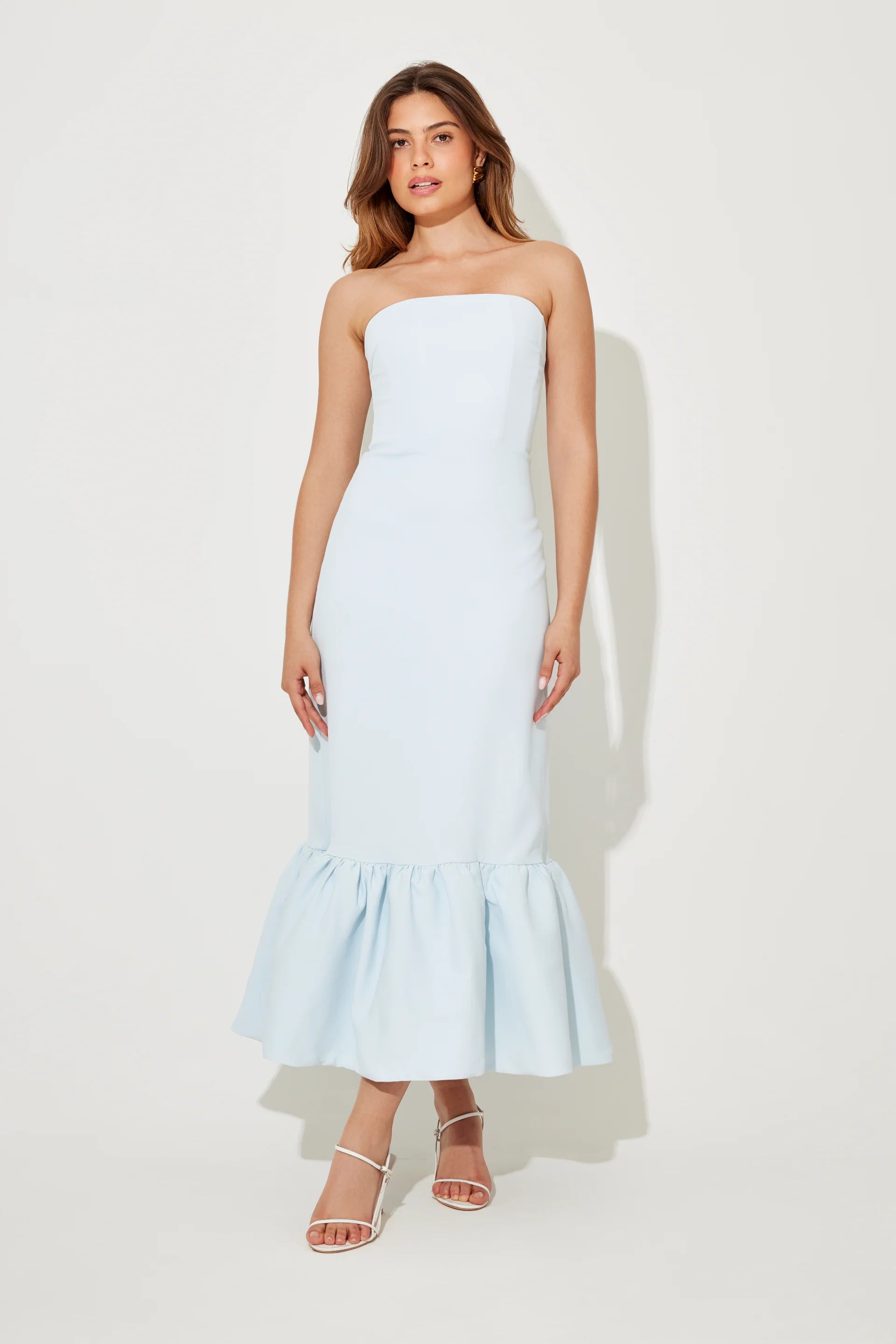 The July Muse Strapless Peplum Hem Midi Dress